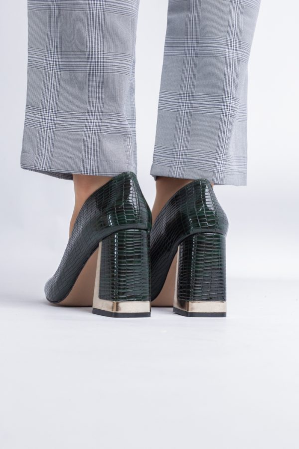Pantofi Damă cu Toc Gros din Piele Ecologică texturată verde petrol BS20AY2402731 121