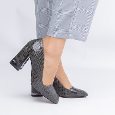 Pantofi Damă cu Toc Gros din Piele Ecologică texturată verde kaki BS20AY2402733