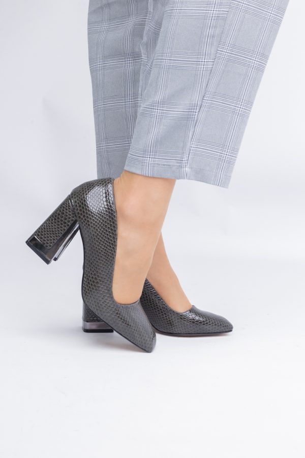 Pantofi Damă cu Toc Gros din Piele Ecologică texturată verde kaki BS20AY2402733 119