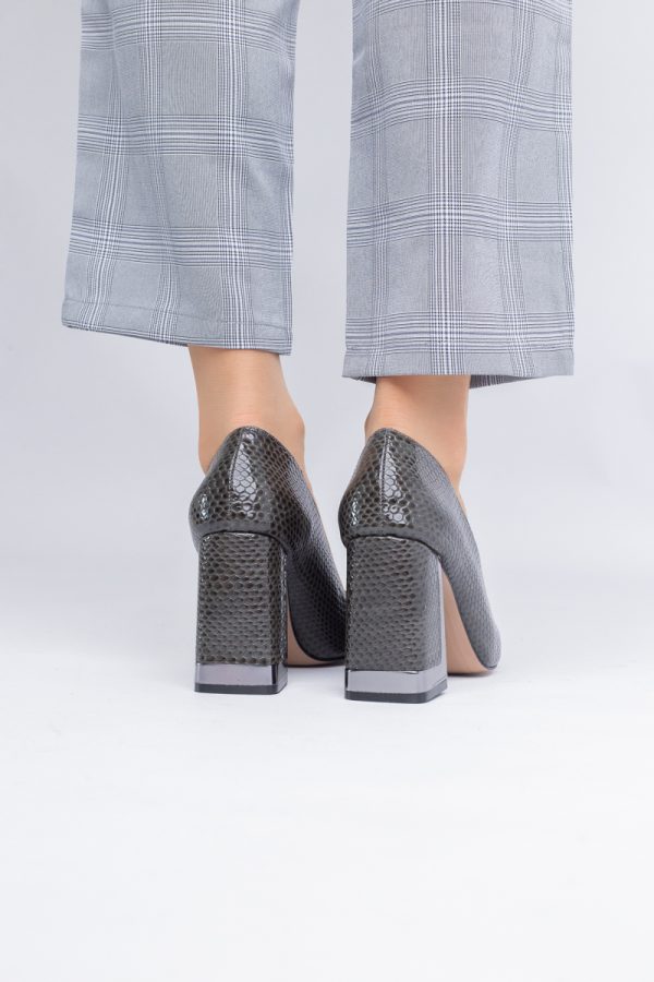Pantofi Damă cu Toc Gros din Piele Ecologică texturată verde kaki BS20AY2402733 123