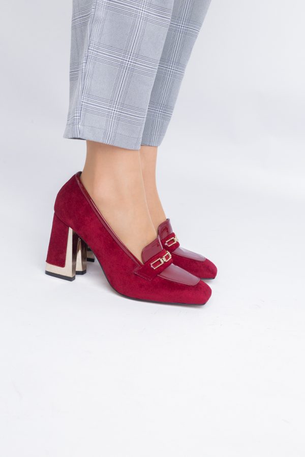 Pantofi Damă cu Toc Gros din Piele Ecologică întoarsă bordo BS25AY2402725 121