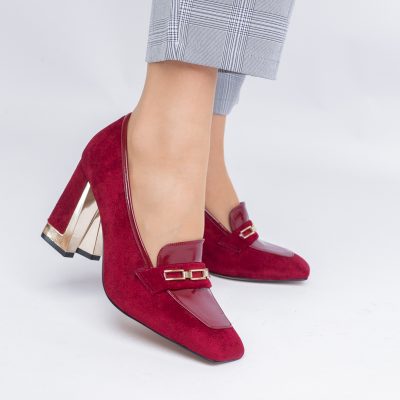 Pantofi Damă cu Toc Gros din Piele Ecologică întoarsă bordo BS25AY2402725