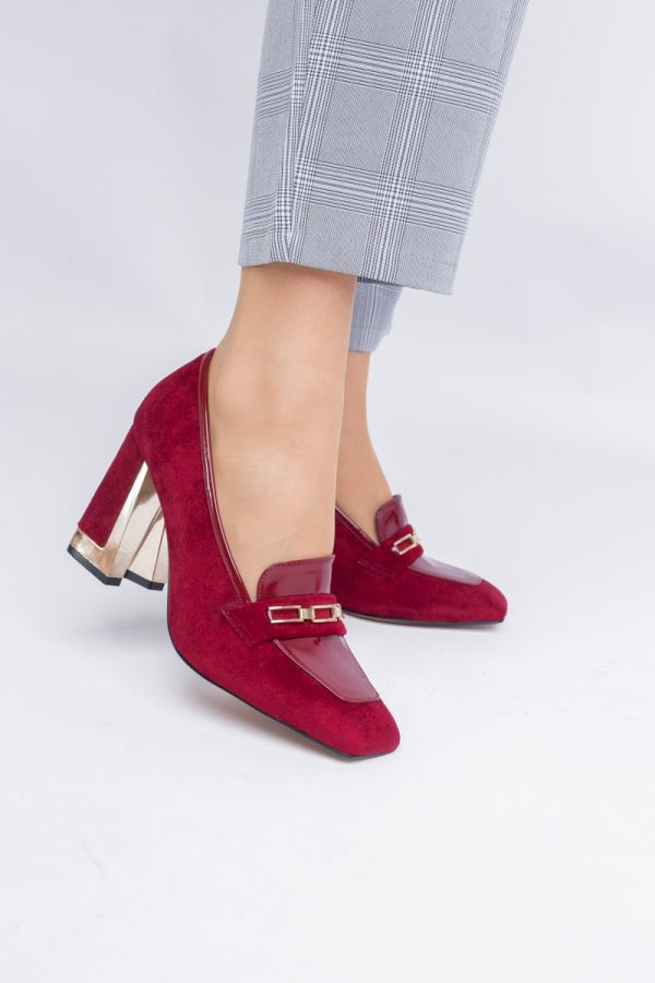 Pantofi Damă cu Toc Gros din Piele Ecologică întoarsă bordo BS25AY2402725 119