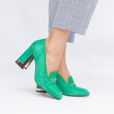 Pantofi Damă cu Toc Gros din Piele Ecologică întoarsă verde BS25AY2402718