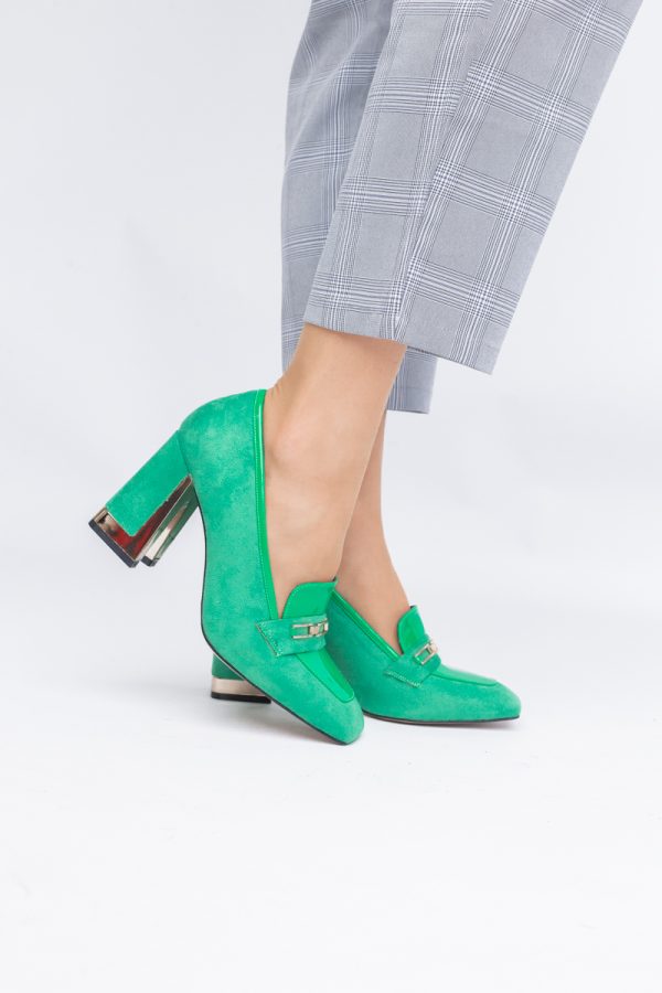 Pantofi Damă cu Toc Gros din Piele Ecologică întoarsă verde BS25AY2402718 119