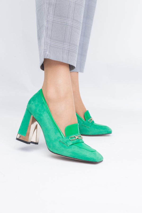 Pantofi Damă cu Toc Gros din Piele Ecologică întoarsă verde BS25AY2402718 121