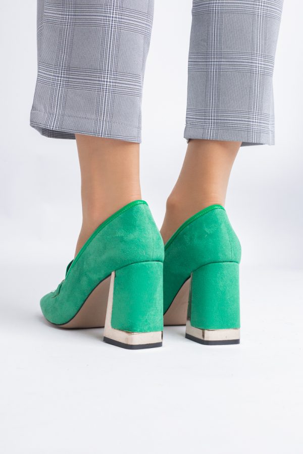 Pantofi Damă cu Toc Gros din Piele Ecologică întoarsă verde BS25AY2402718 123