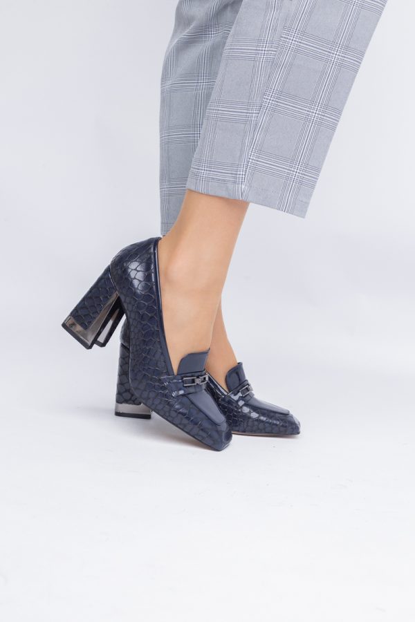 Pantofi Damă cu Toc Gros din Piele Ecologică texturată bleumarin BS25AY2402721 119