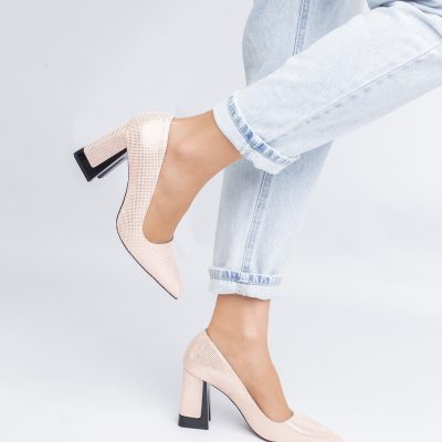 Pantofi Damă cu Toc Gros din Piele Ecologică texturată champagne BS02-1AY2402745