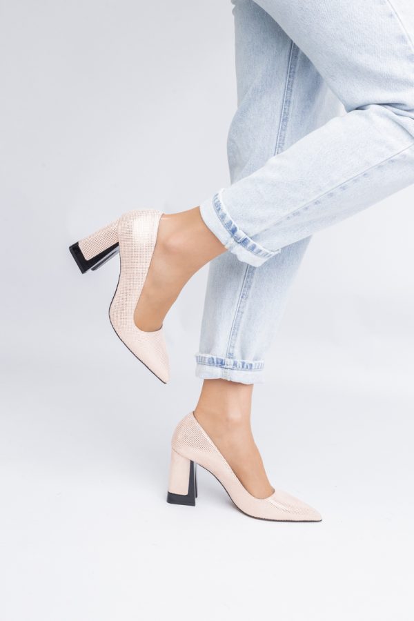 Pantofi Damă cu Toc Gros din Piele Ecologică texturată champagne BS02-1AY2402745 119