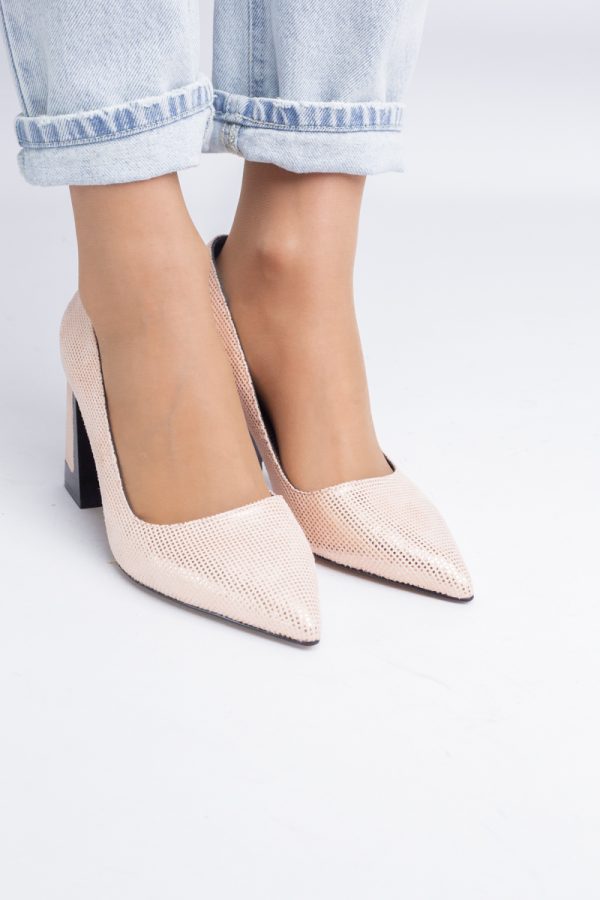 Pantofi Damă cu Toc Gros din Piele Ecologică texturată champagne BS02-1AY2402745 121