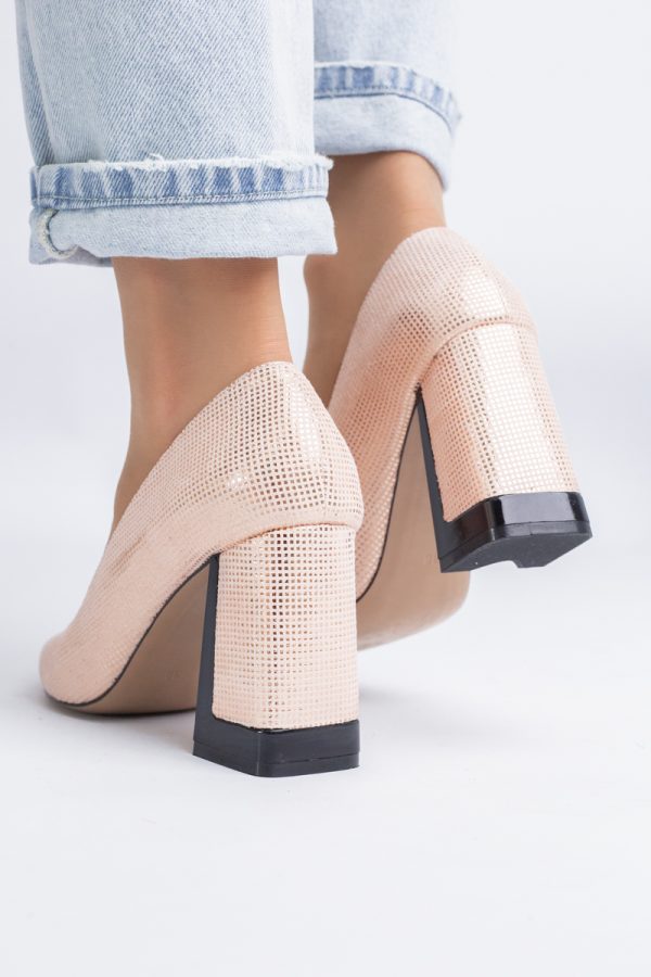 Pantofi Damă cu Toc Gros din Piele Ecologică texturată champagne BS02-1AY2402745 123