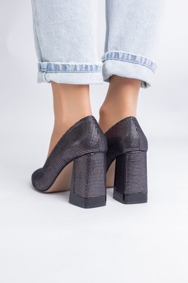 Pantofi Damă cu Toc Gros din Piele Ecologică texturată platina BS02-1AY2402744 123