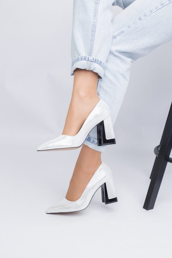 Pantofi Damă cu Toc Gros din Piele Ecologică texturată argintiu BS02-1AY2402743 121