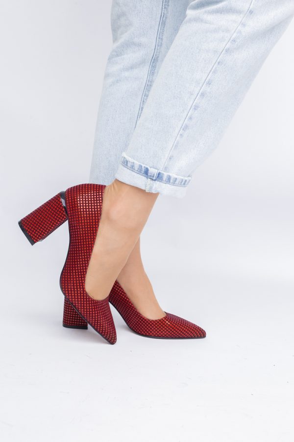 Pantofi Damă cu Toc Gros din Piele Ecologică texturată Roșu punctat BS02AY2402740 119