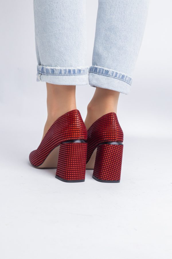 Pantofi Damă cu Toc Gros din Piele Ecologică texturată Roșu punctat BS02AY2402740 121