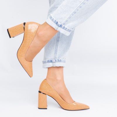 Pantofi Damă cu Toc Gros din Piele Ecologică texturată Maro camel BS02AY2402738