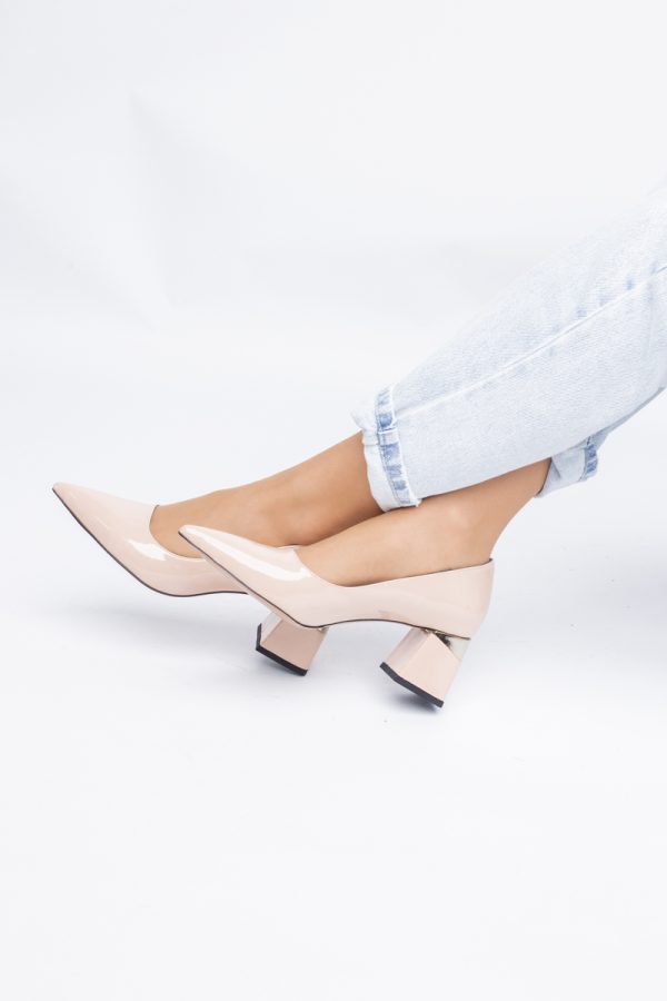 Pantofi Damă cu Toc Gros din Piele Eco Bej lac (BS52AY2402702) 121