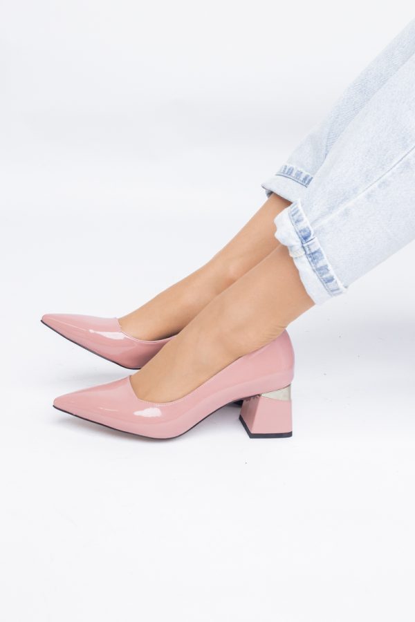 Pantofi Damă cu Toc Gros din Piele Eco Roz somon (BS52AY2402700) 121