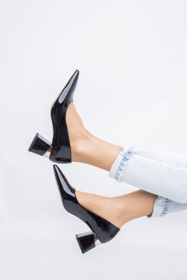 Pantofi Damă cu Toc Gros din Piele Eco Negru lac (BS52AY2402701) 121