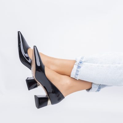 Pantofi Damă cu Toc Gros din Piele Eco Negru lac (BS52AY2402701)