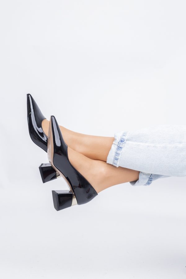 Pantofi Damă cu Toc Gros din Piele Eco Negru lac (BS52AY2402701) 119