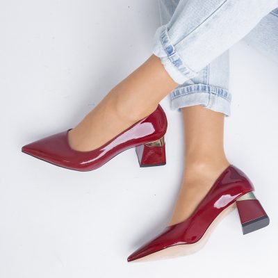 Pantofi Damă cu Toc Gros din Piele Eco Vișiniu lac (BS52AY2402703)