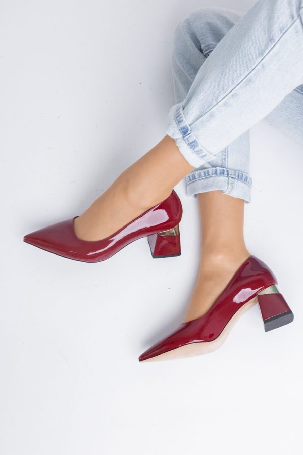 Pantofi Damă cu Toc Gros din Piele Eco Vișiniu lac (BS52AY2402703) 119