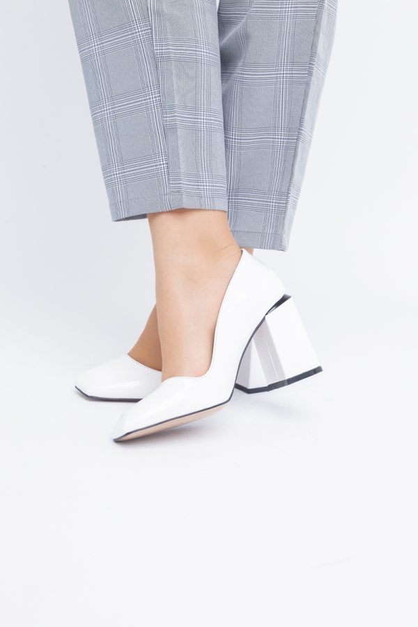 Pantofi Damă cu Toc Gros din Piele Ecologică texturată alb lac BS01AY2402748 119