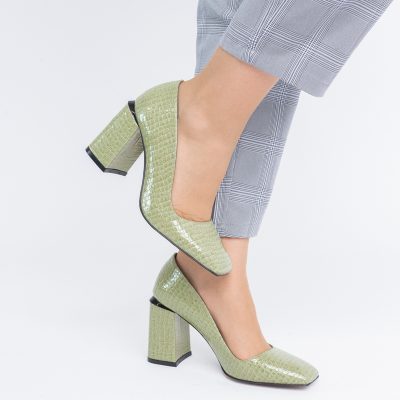 Pantofi Damă cu Toc Gros din Piele Ecologică texturată verde lac BS01AY2402751