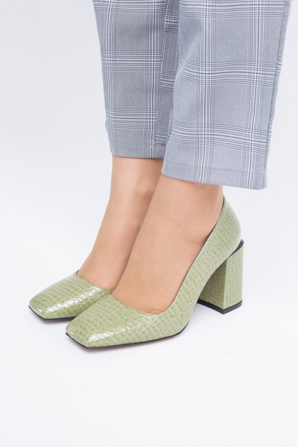 Pantofi Damă cu Toc Gros din Piele Ecologică texturată verde lac BS01AY2402751 121