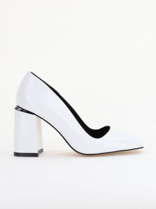 Pantofi Damă cu Toc Gros din Piele Ecologică texturată alb lac BS01AY2402748 124