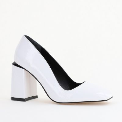 Pantofi Damă cu Toc Gros din Piele Ecologică texturată alb lac BS01AY2402748