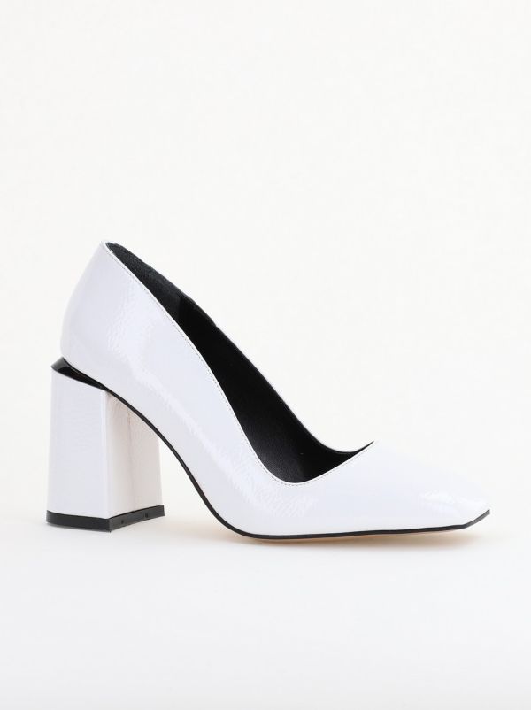 Incaltaminte Dama - Pantofi Damă cu Toc Gros din Piele Ecologică texturată alb lac BS01AY2402748
