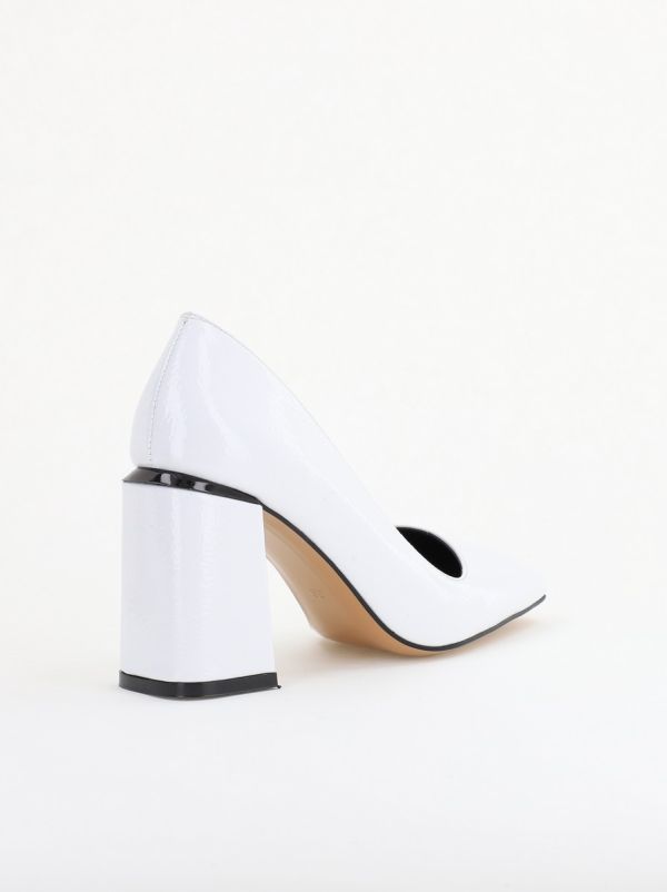 Pantofi Damă cu Toc Gros din Piele Ecologică texturată alb lac BS01AY2402748 126