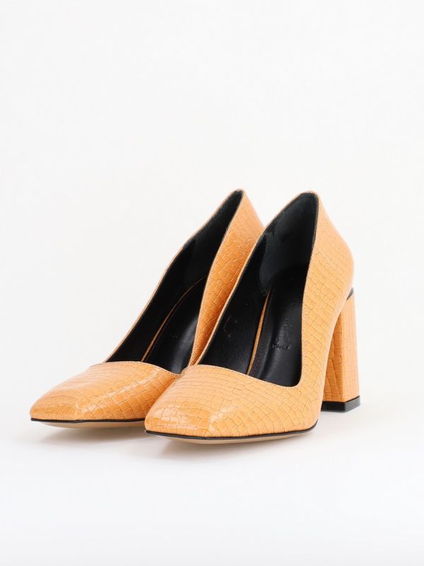 Pantofi Damă cu Toc Gros din Piele Ecologică texturată maro camel BS01AY2402752 120