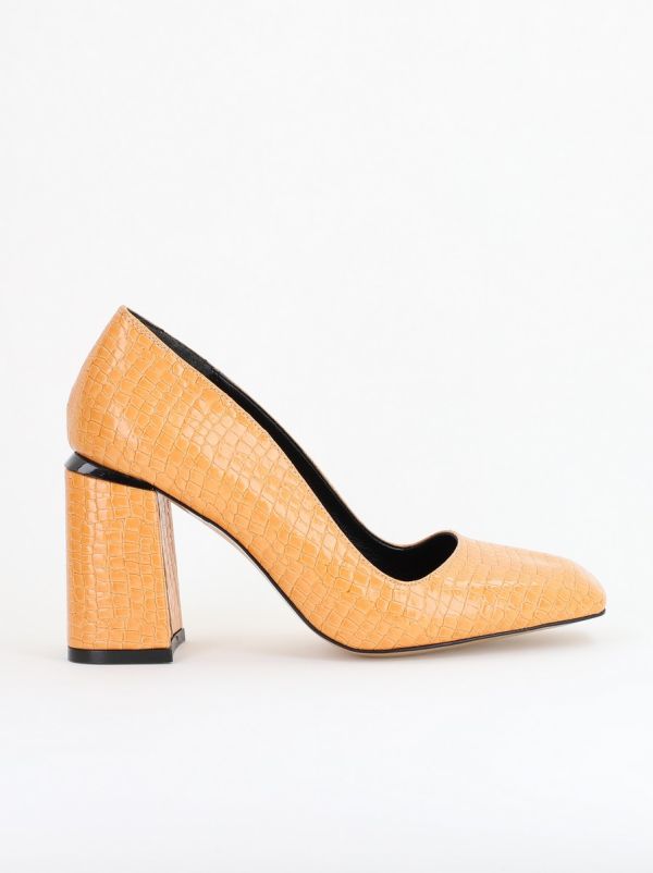 Pantofi Damă cu Toc Gros din Piele Ecologică texturată maro camel BS01AY2402752 122