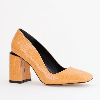 Pantofi Damă cu Toc Gros din Piele Ecologică texturată maro camel BS01AY2402752