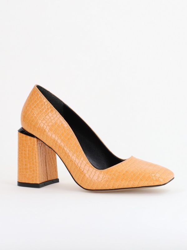 Incaltaminte Dama - Pantofi Damă cu Toc Gros din Piele Ecologică texturată maro camel BS01AY2402752