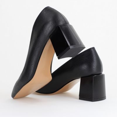 Pantofi Damă cu Toc Gros din Piele Ecologică texturată negru mat BS01AY2402746