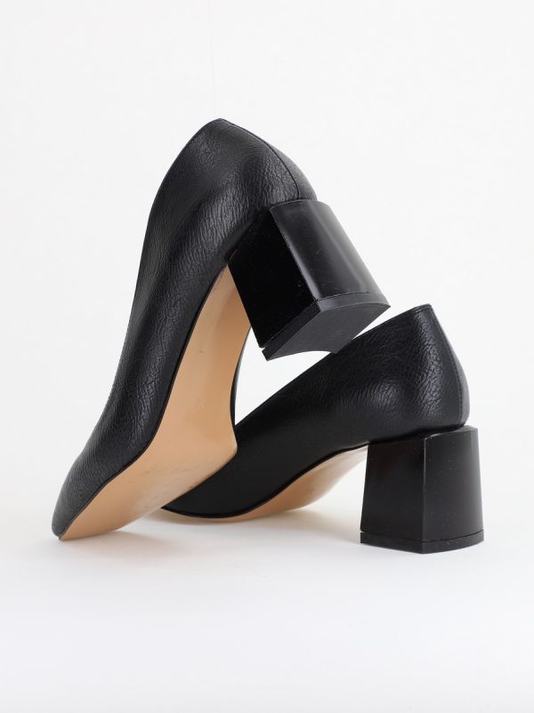 Pantofi Damă cu Toc Gros din Piele Ecologică texturată negru mat BS01AY2402746 119