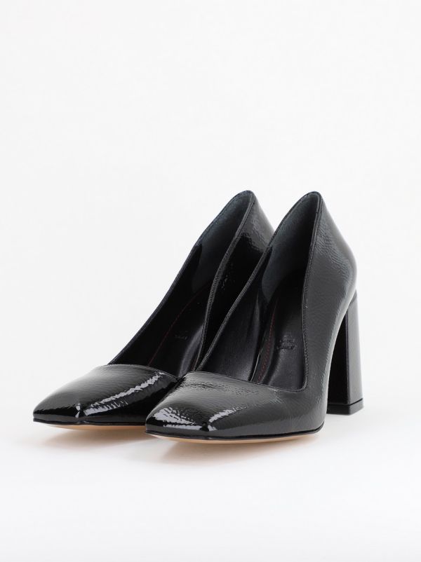 Pantofi Damă cu Toc Gros din Piele Ecologică texturată negru lac BS01AY2402750 122