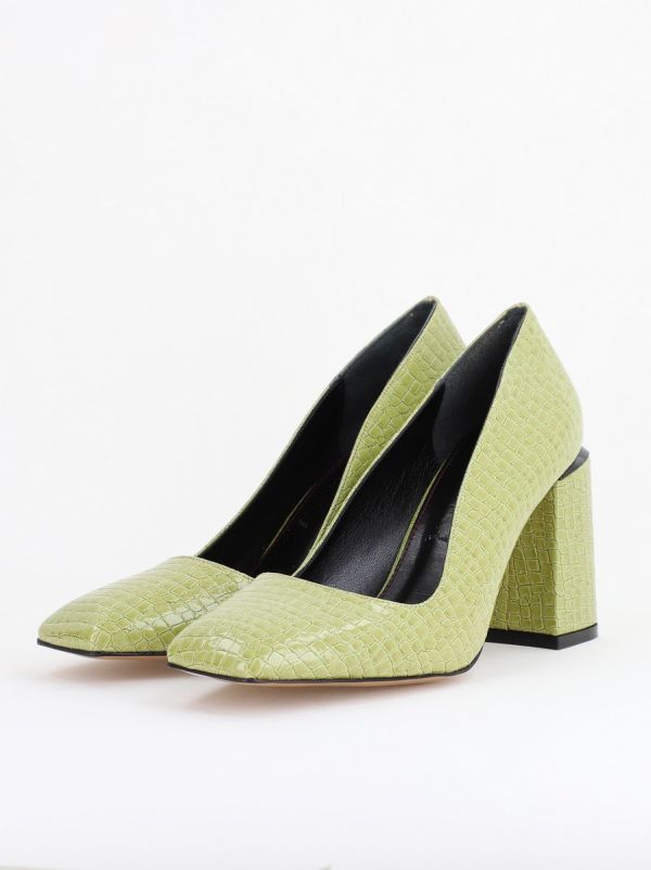 Pantofi Damă cu Toc Gros din Piele Ecologică texturată verde lac BS01AY2402751 122