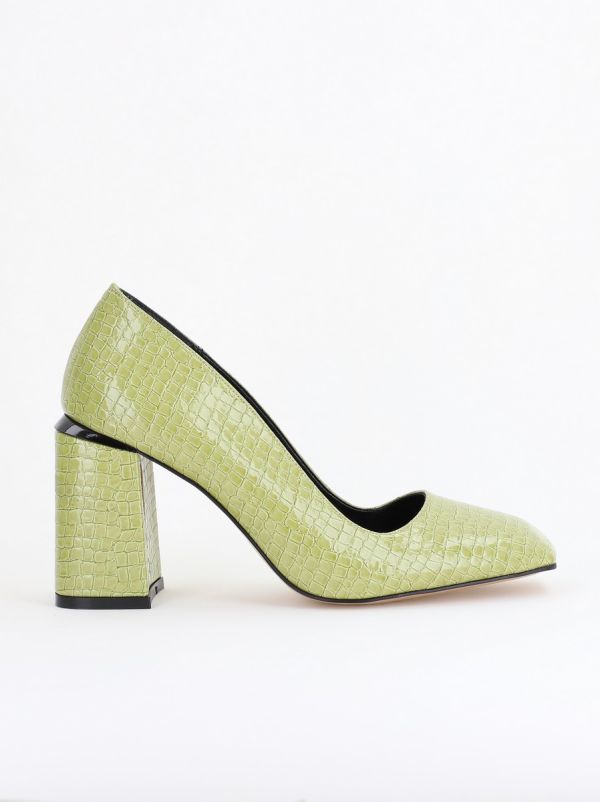 Pantofi Damă cu Toc Gros din Piele Ecologică texturată verde lac BS01AY2402751 124