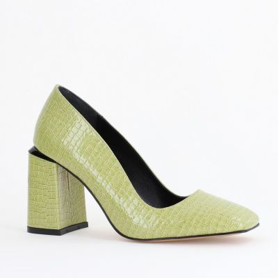 Pantofi Damă cu Toc Gros din Piele Ecologică texturată verde lac BS01AY2402751