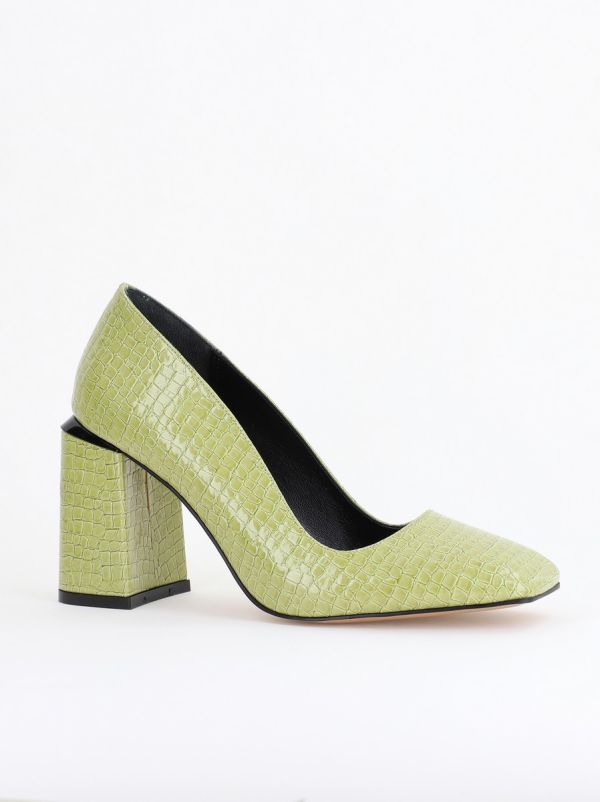 Incaltaminte Dama - Pantofi Damă cu Toc Gros din Piele Ecologică texturată verde lac BS01AY2402751