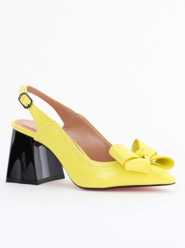 Pantofi cu Toc Gros Dama - Pantofi damă cu Toc Eleganti Decupați cu Fundiță din Piele Ecologica culoare Galben- BS12000D2406662
