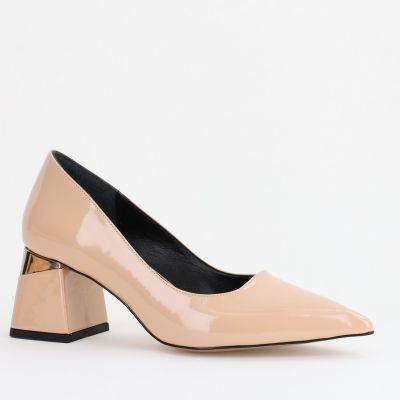 Pantofi Damă cu Toc Gros din Piele Eco Bej lac (BS52AY2402702)