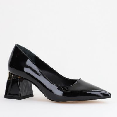 Pantofi Damă cu Toc Gros din Piele Eco Negru lac (BS52AY2402701)