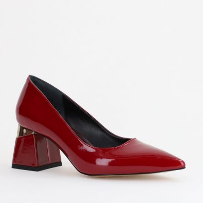 Pantofi Damă cu Toc Gros din Piele Eco Vișiniu lac (BS52AY2402703)